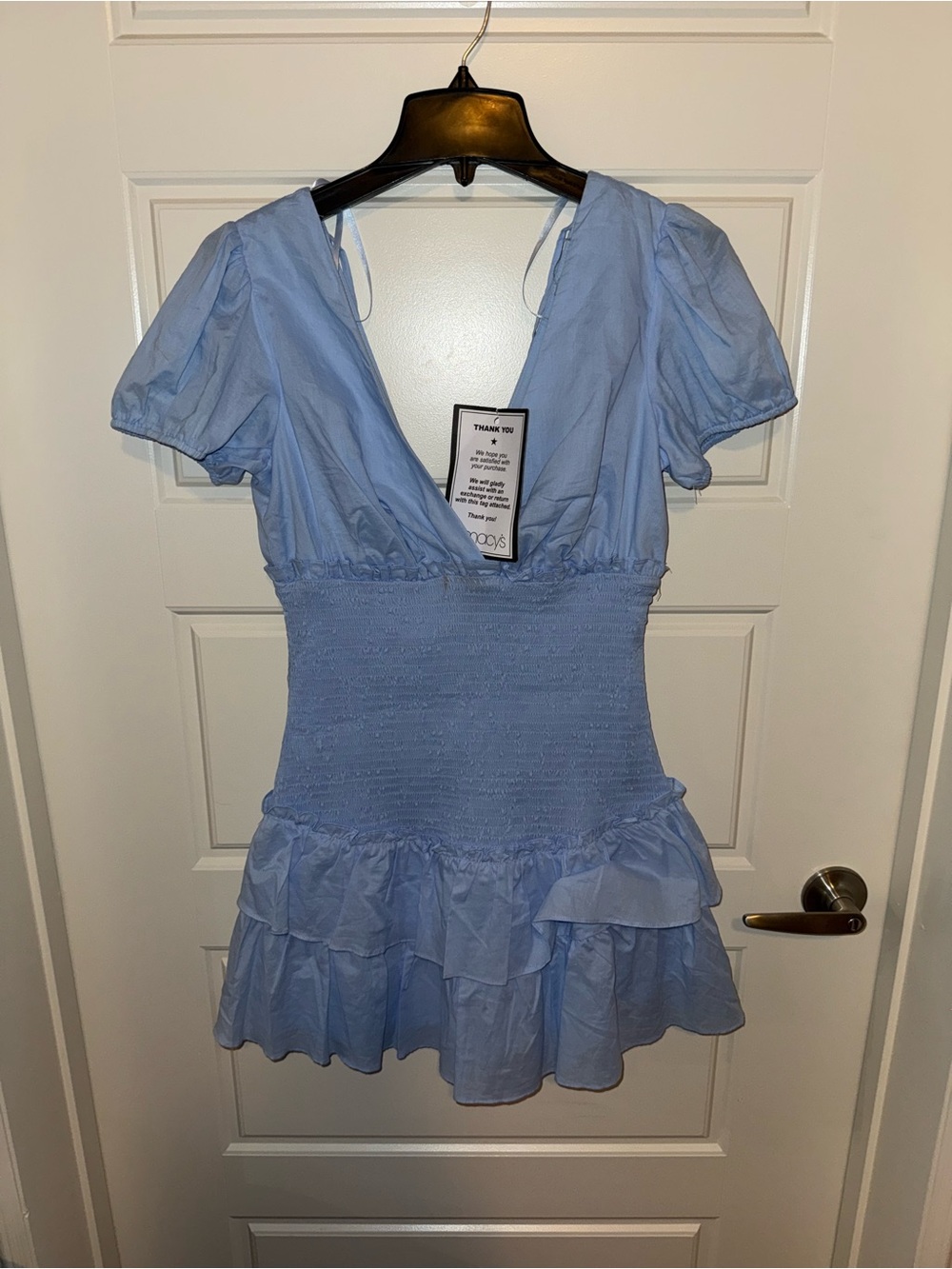 Macy's Light Blue V‑Neck Smocked Waist Ruffle Mini Dress